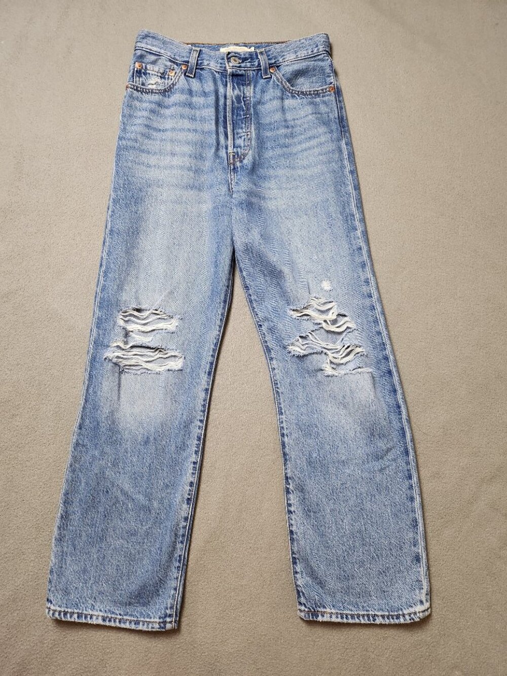 Levi's Premium Ribcage Straight Ankle Jeans 25 Ripped Knee Button Fly High Rise